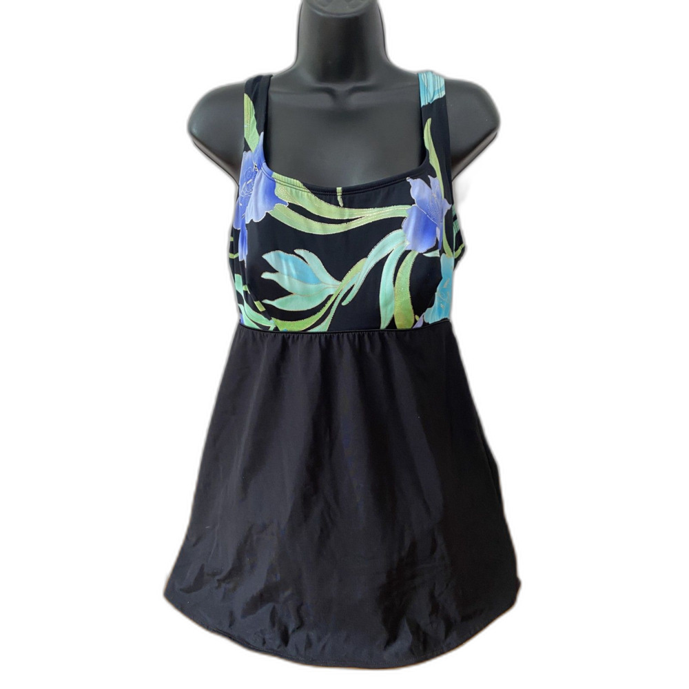 Longitude Floral Sz 12 Tummy Control Gold Outline Swim Skirt Swim Dress